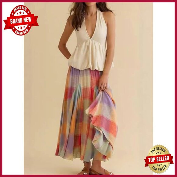 Elastic Waist Flowy Long Skirt Midi A-Line Ruffle Plaid Print - Picture 3 of 7